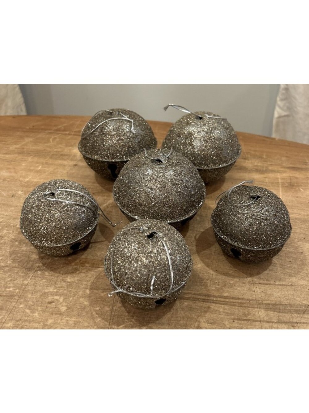 Lot of 6 Large Metal Jingle Bell Sleigh Bells Christmas Ornaments Silver Glitter